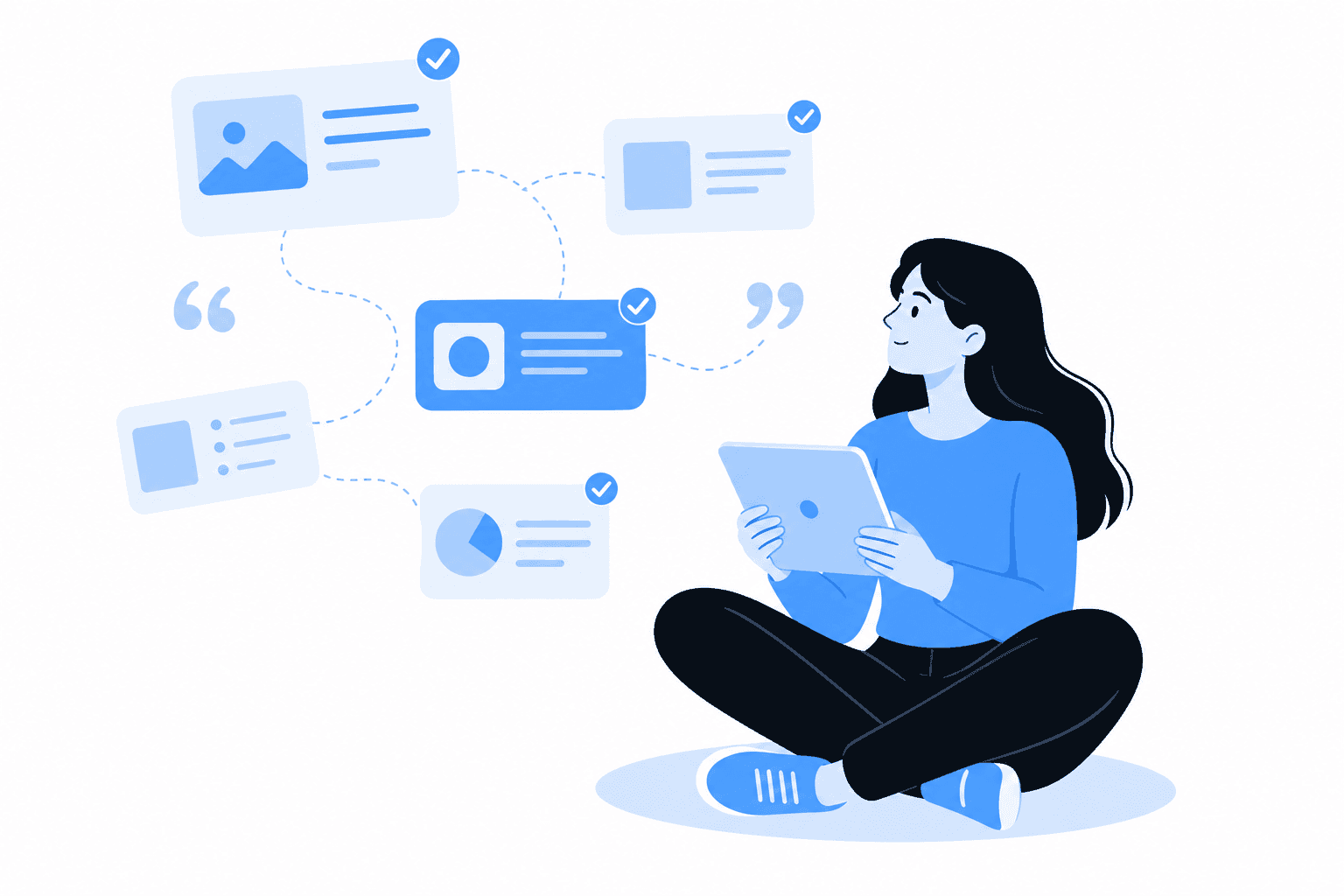 Illustration of a contributor reviewing floating cards marked with approval badges
